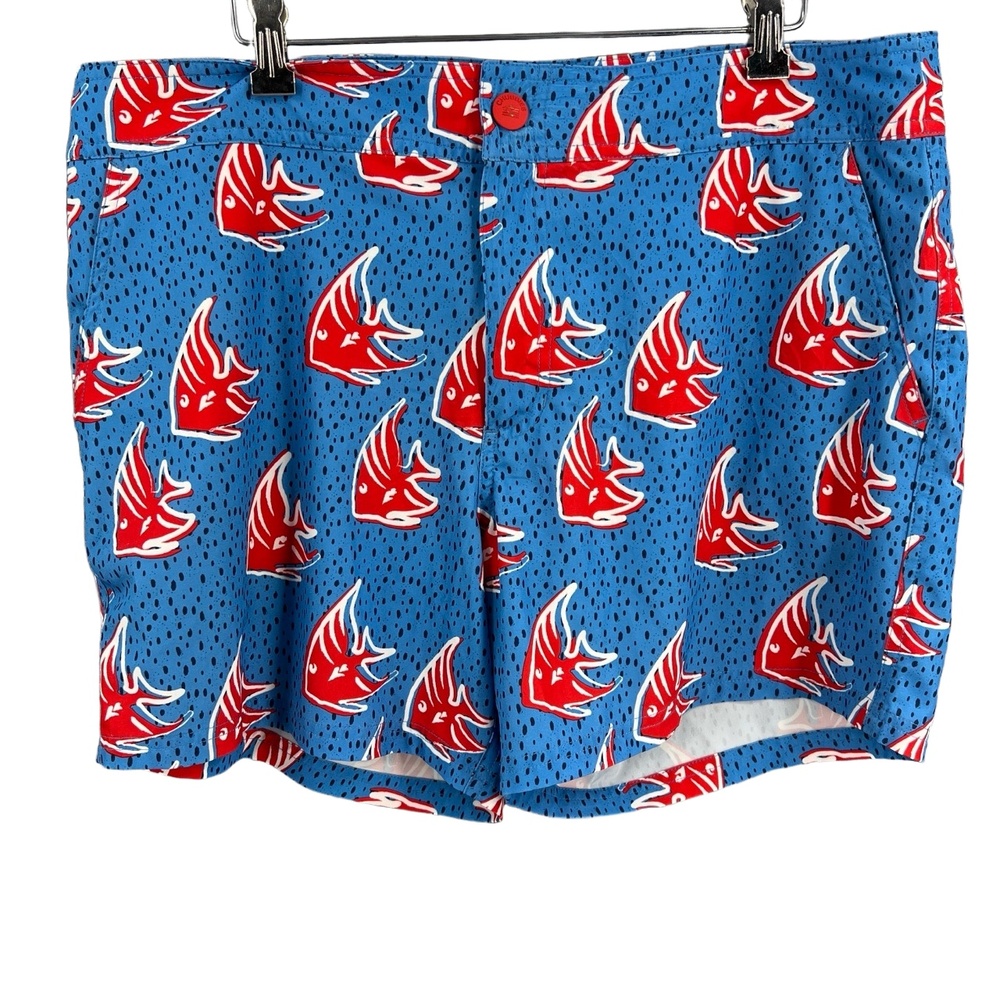 Chubbies Men’s Swim Trunks Red Fish Print Blue Stretch Lined Shorts Size L